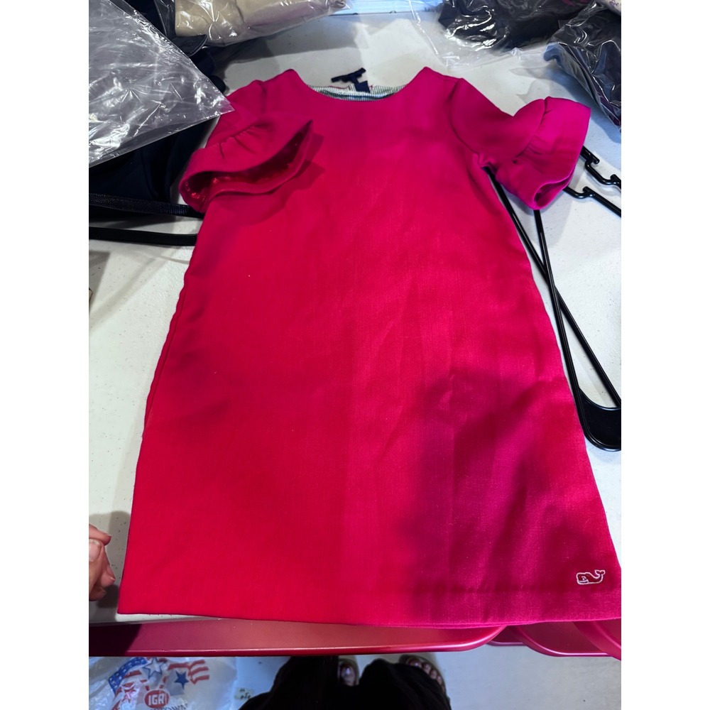 Vineyard Vines Girls Pink Ruffle Sleeve Shift Dress Size 5 Whale Logo Preppy
